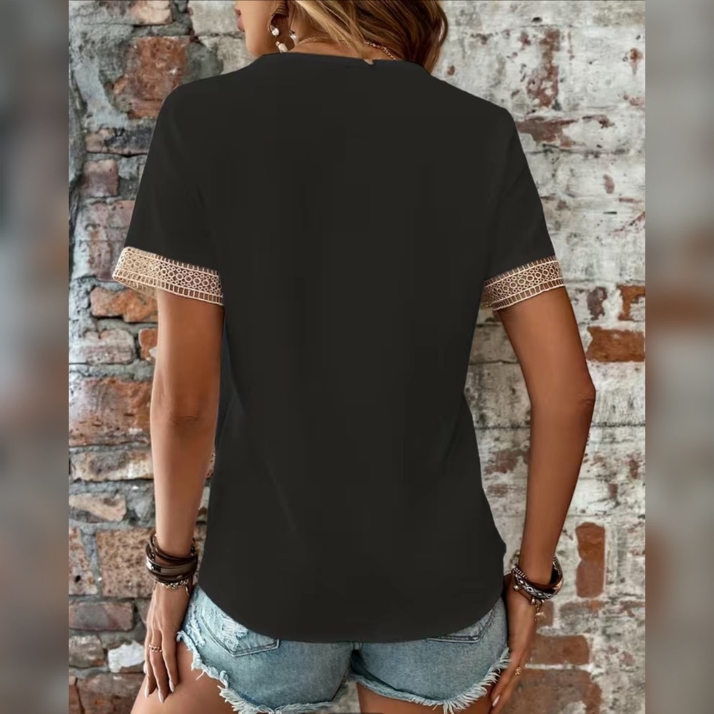 Black Embroidered Lace Short Sleeve Shirt Boho V Neck Blouse M L XL New - Picture 5 of 6